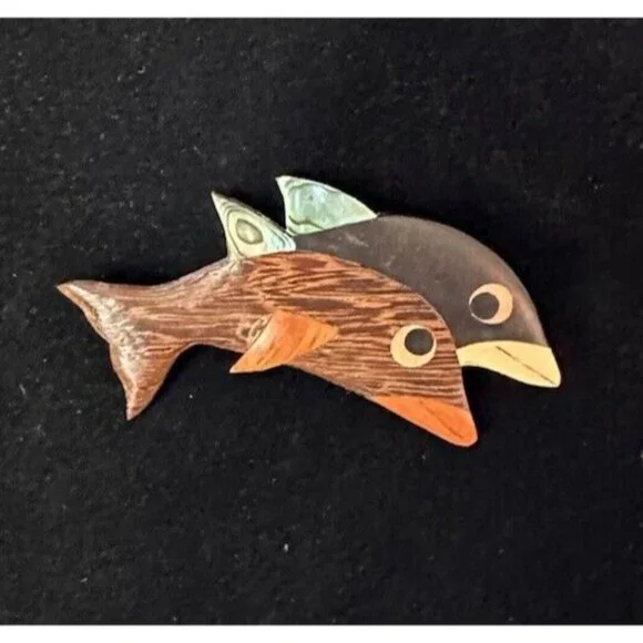 Wood Wooden Double Fish Dolphin Pin‎ Brooch Abalone - Picture 2 of 5